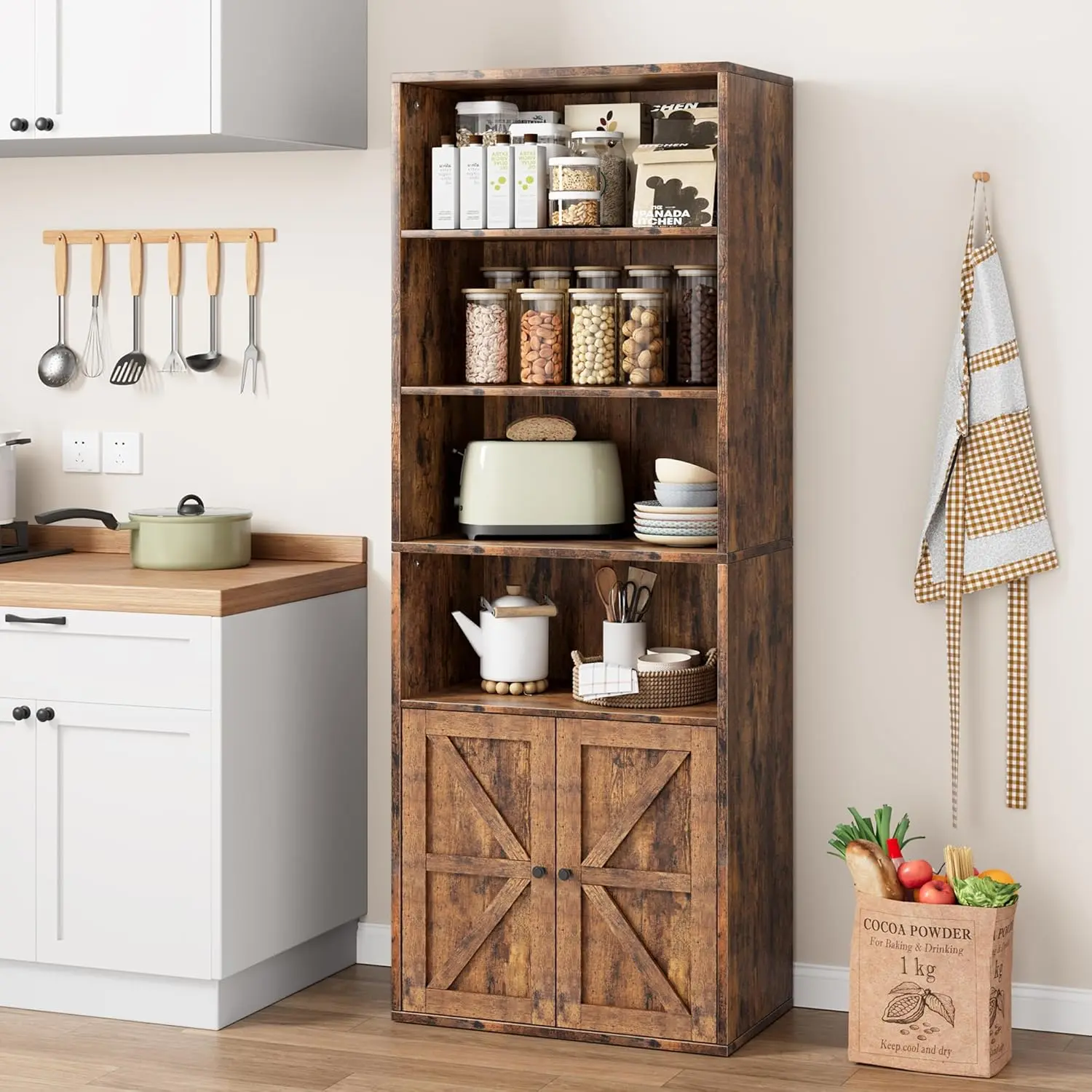 Tall White Rustic L-Shaped Retro Engineered Wood Farmhouse Bookcase - Cabinet with Doors, Convenient Handles, 4 Open Shelves, Wood Grain Surfaces, Assembly Required for Kitchen Bedroom Storage, Cabinet Doors