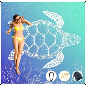 Turtle Print Beach Blanket, 70.87x90.55 Inches or 82.68x55.12 Inches, Sandproof Foldable Beach Mat, Includes Stakes, Carabiner, Storage Bag