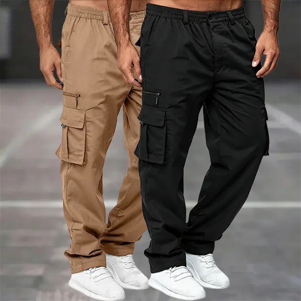 Men's 2-Pack Solid-Color Straight Cargo Pants with Side Zippers, Multiple Pockets, Suitable for Outdoor Camping, Everyday Outings