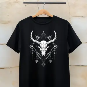 Witchy Skull Shirt Skull Boho Animal Skull Decor Antlers Heavy Metal Shirt Goth Aesthetic Rockwear Trendy Skull Shirt Wicken