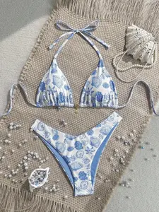 Women's Bikini Set, Swimwear Set, Shell Decoration, High Split Bottom & Triangle Top, Sexy Swimsuit for Summer Vacation