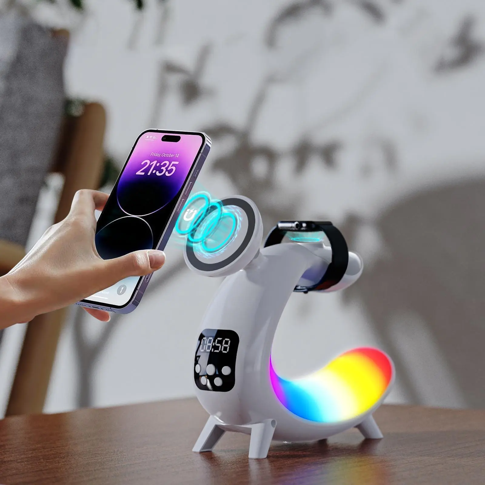 6 in 1 Wireless Charger Table Lamp, Bluetooth-compatible Smart Lamp, Night Lamp with RGB Lighting, Digital Clock Display, for Bedroom, Office and Home Decoration