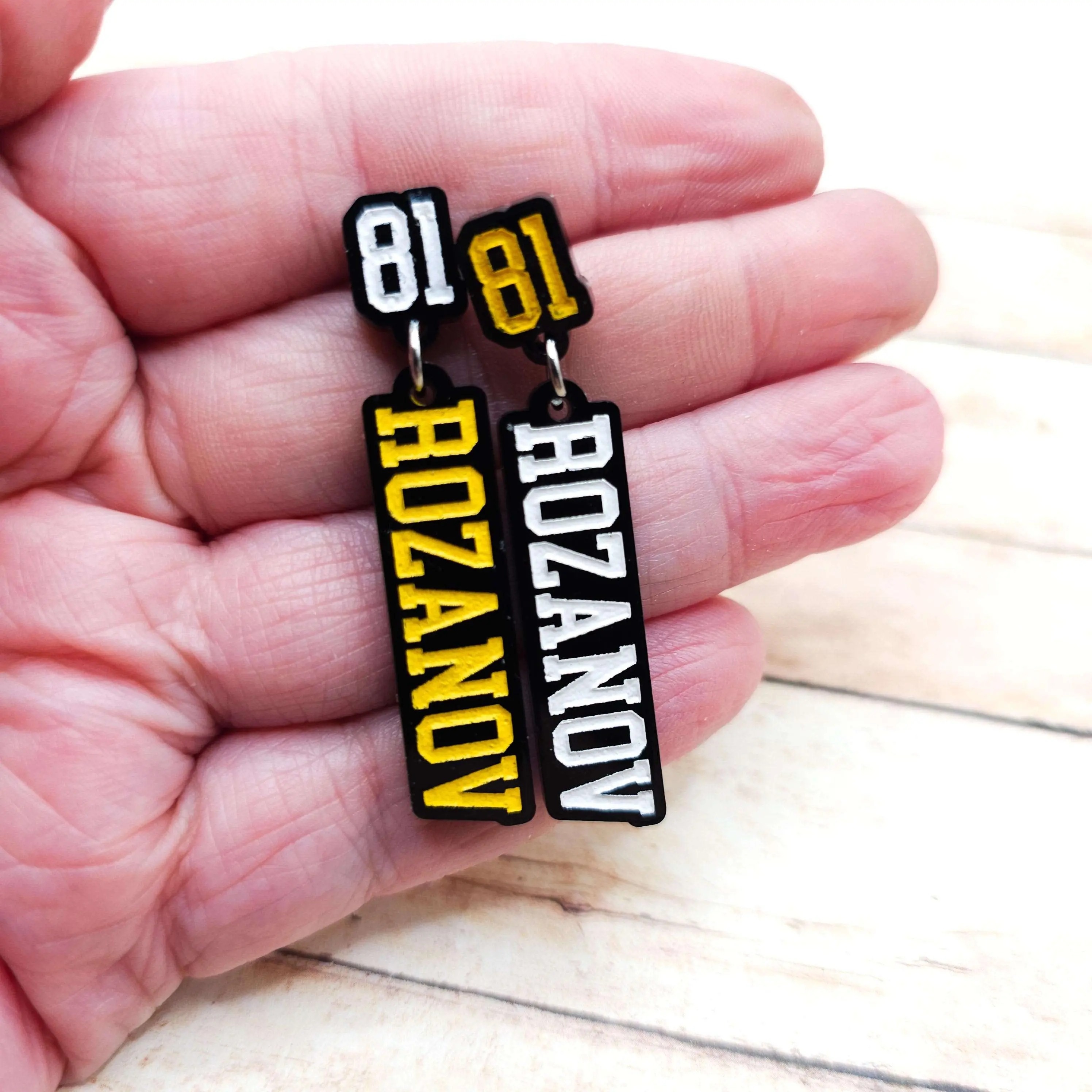 Ilya Rozanov 81 Dangle Earrings - Black Acrylic, Gold Accents, White Engraved 81, Engraved Details, Lightweight, 0.4 Inches Wide, 2 Inches Long, Bookish Hockey Romance Fandom Jewelry Gift (Choking Hazard Small Parts)