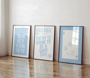 Set of 3 Blue Cute Girly Coquette Room Prints for Bedroom Trendy Digital Art Posters College Dorm Guest Check Butterfly Trio Apartment Decor
