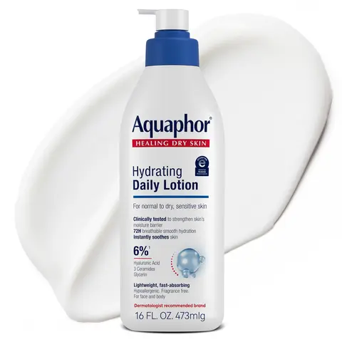 Aquaphor Daily Hydrating Face & Body Lotion - Unfragranced, Hypoallergenic Body Care with Glycerin, Lightweight Hyaluronic Acid, Soothing, Moisture Boost Formula for Normal to Dry Sensitive Skin, Pump Bottle
