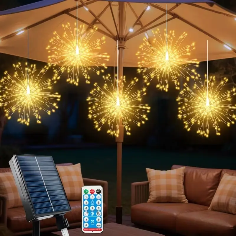 Solar-Powered Hanging Fireworks Lights Set, Remote-Controlled LED Copper Wire String Light, Adjustable 8 Modes Flashing, Smart Sensor, Outdoor Firework Lights, Outside Lights