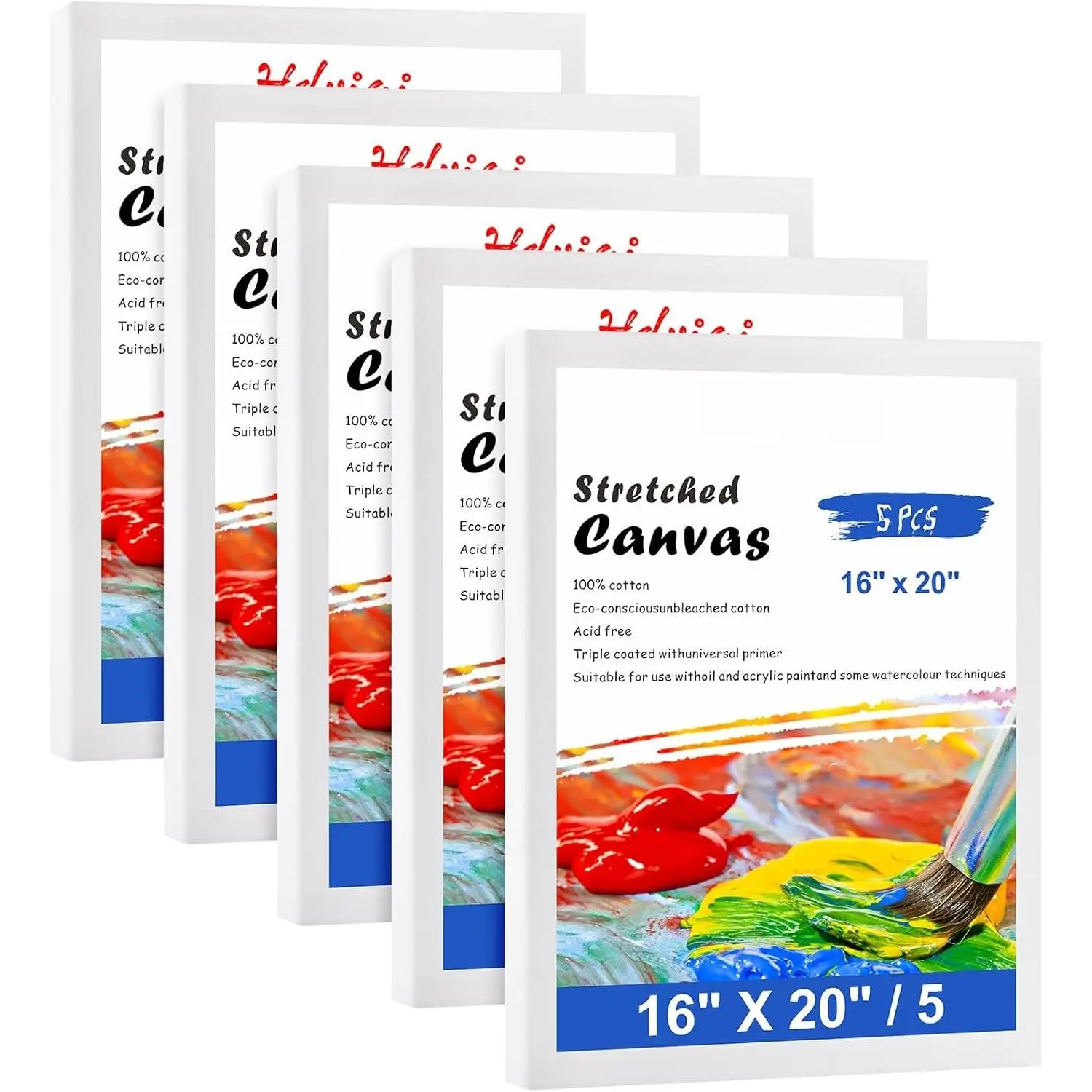 Stretched Canvas for Painting - 16x20 Inch/5 Canvas Value Pack - Triple Primer Acid Free   Blank Canvas for Painting Supplies Oil and  Pouring Art Watercolor