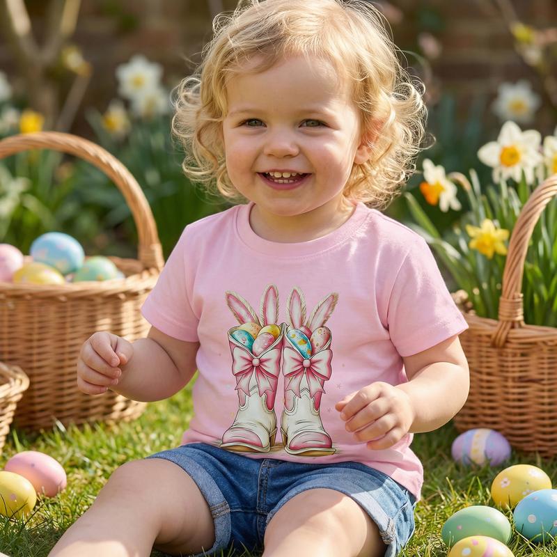 PYBCVRRD Kids Baby Little Girls Easter Shirts Short Sleeve Crew Neck Bunny Ears Boots Print Casual Summer Tops T shirt 1-6 Years