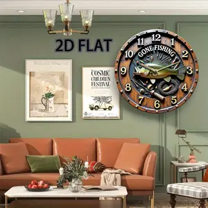 2D Flat, 1pc Silent Round Fishing-Themed Wall Clock with Fish, Rods, Hooks & More - wooden Material, Quartz Movement, Battery Operated (AA Batteries Not Included), Suitable for Bedroom, Kitchen, Study Room, Garage, Christmas Gift Decor,, 2D Flat2D Flat, 1