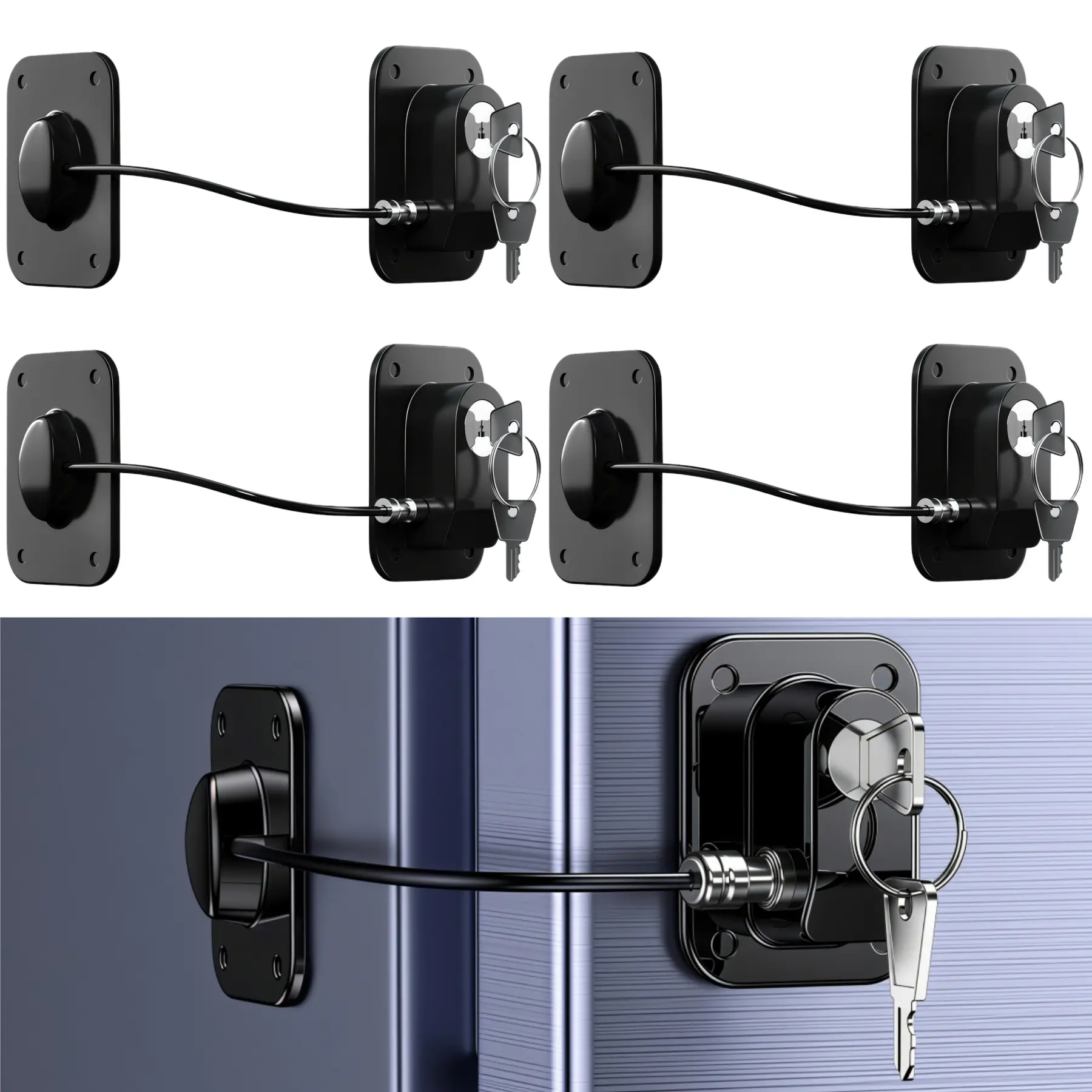 LMMAKE 4PCS ABS Plastic Chain-Linked Childproof Cabinet Lock, with 2 Bendable Keyed Padlocks, Adhesive Tape Installation, No Drilling, Black for Household Appliances & Furniture