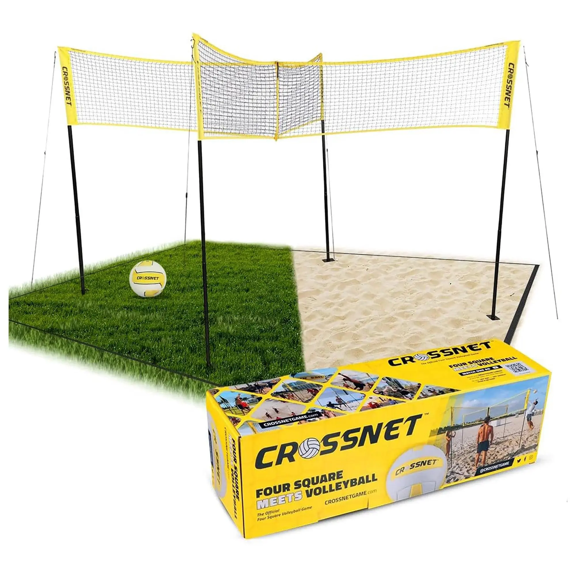 Vivere CROSSNET 4 Square Outdoor Volleyball Game Net Set with Ball, Yellow/White Vivere CROSSNET 4 Square Outdoor Volleyball Game Net Set with Ball, Yellow/White