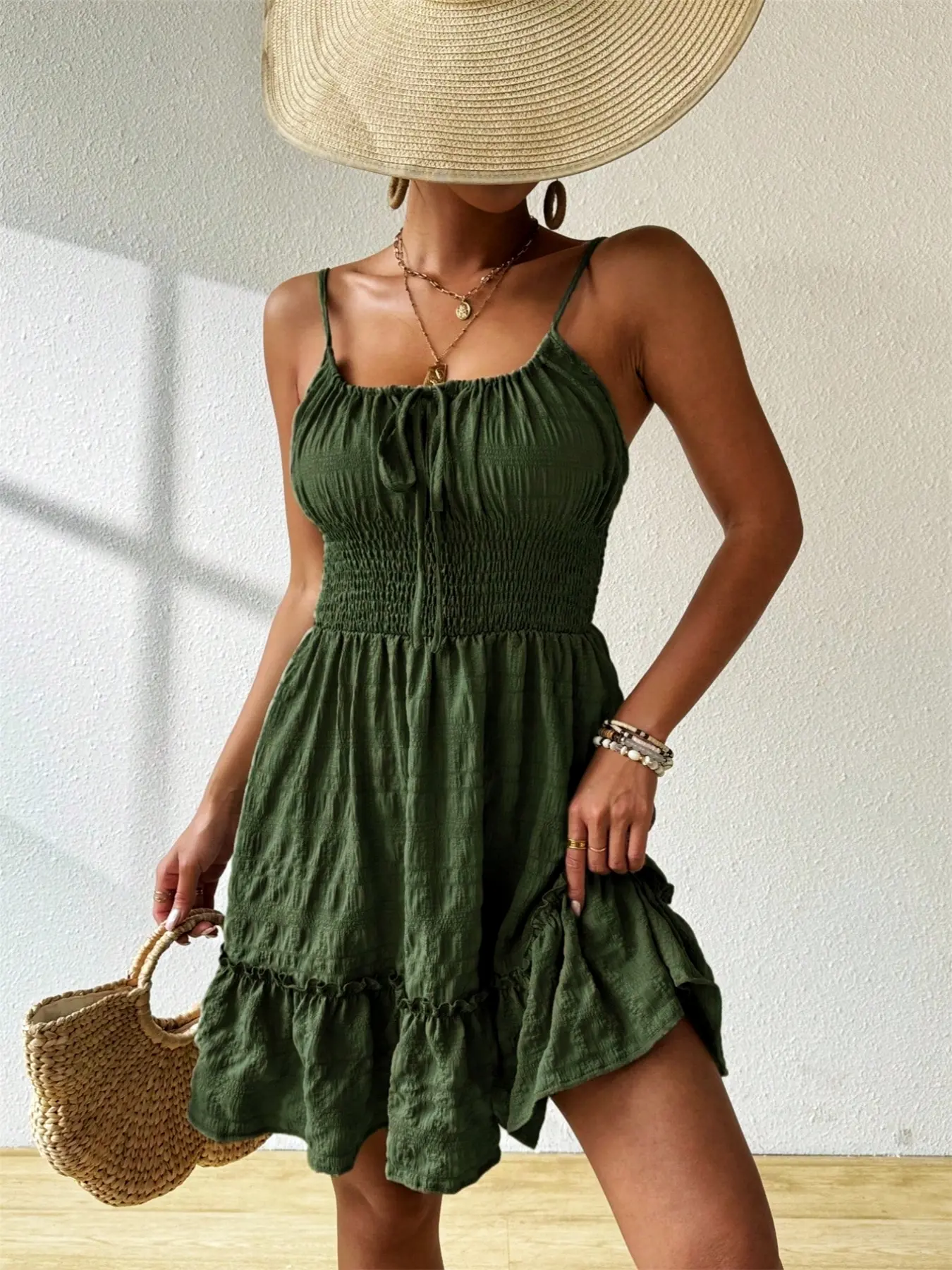 slim fit dress slacks Portillo Linen Blend Mini Dress Olive main image 0