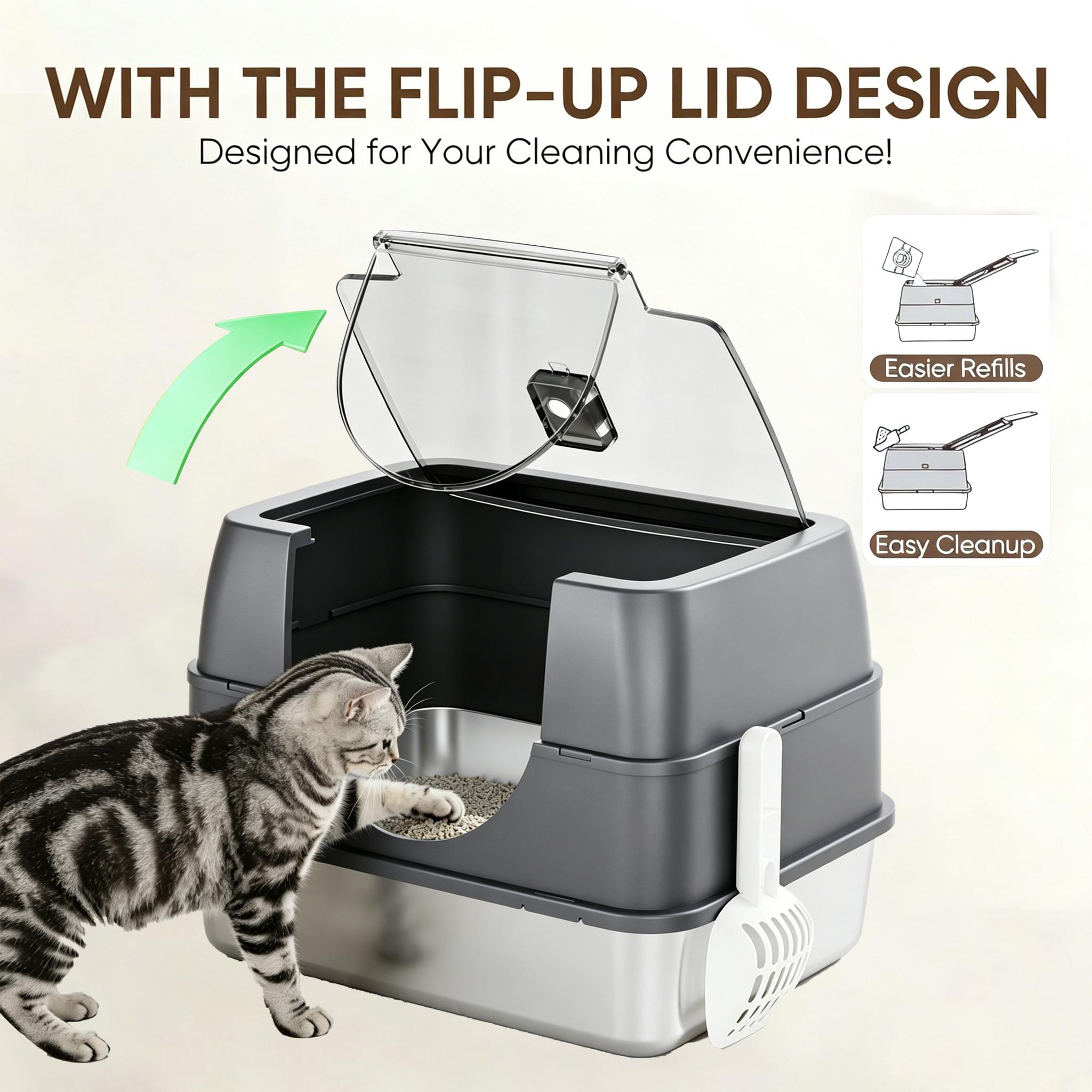 Stainless Steel Cat Litter Box with Lid, XL Large Enclosed High Sided Litter Box with Removable Lid, Carbon Filters -Odor Free, Easy Cleaning, Anti-Urine Leakage for Big Cats