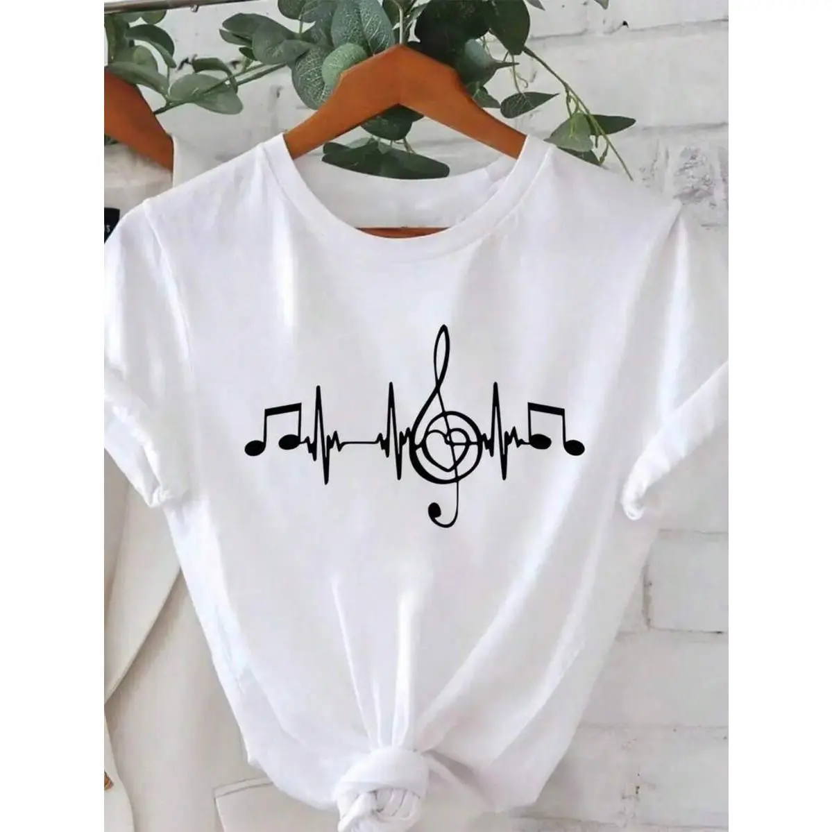 Women's Musical Note Heartbeat Graphic T-Shirt, 100% Cotton Short Sleeve Crewneck, Oversized Loose-Fit Casual Top, Tshirt