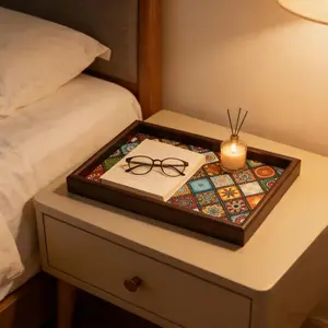 Bohemian Vintage Wooden Tea Tray, Long Rectangular Multi-Functional Storage Tray, Jewelry Display Plate, Decorative Tableware