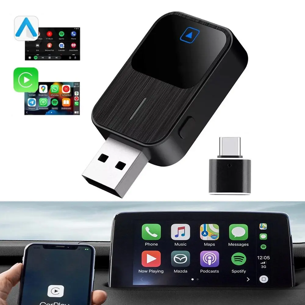 ABS & Aluminum Mini Wireless CarPlay Dongle, Convert Factory Wired Connection to Wireless CarPlay & Android Auto, Stable WiFi & Bluetooth Signal