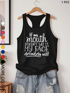 Summer New Fun Letter Print Sports Tank Top, Women's Denim Yoga Vest, Fitted Casual All-Season Athletic Wear, Stylish Activewear, Workout Sleeveless