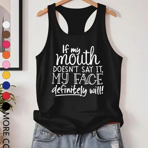Summer New Fun Letter Print Sports Tank Top, Women's Denim Yoga Vest, Sporty Fitted Casual All-Season Athletic Wear, Stylish Activewear, Workout Sleeveless, Athletic Tops, Workout Clothing