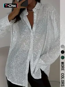 Women's Sequined Sheer Long Sleeve Button Shirt, Elegant Blouse Top for Evening Parties & Daily Wear, Stylish Women's Clothing, Womenswear