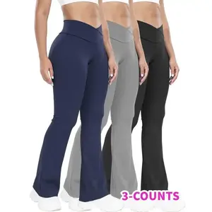 Stretchy 3-Pack High-Waisted Yoga Pants for Women - Nylon 75% Elastane 25% Flare Leg Sports Tights - All-Season Knit Fabric Workout Fitness Leggings