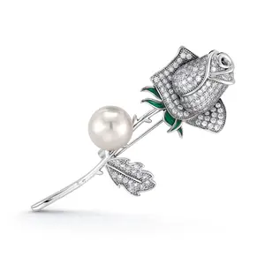 Rose Flower Rhodium Plated Pearl Brooch Pins with AAA Cubic Zirconia, Rose Brooch, Flower Brooch, Pearl And Cz Brooch