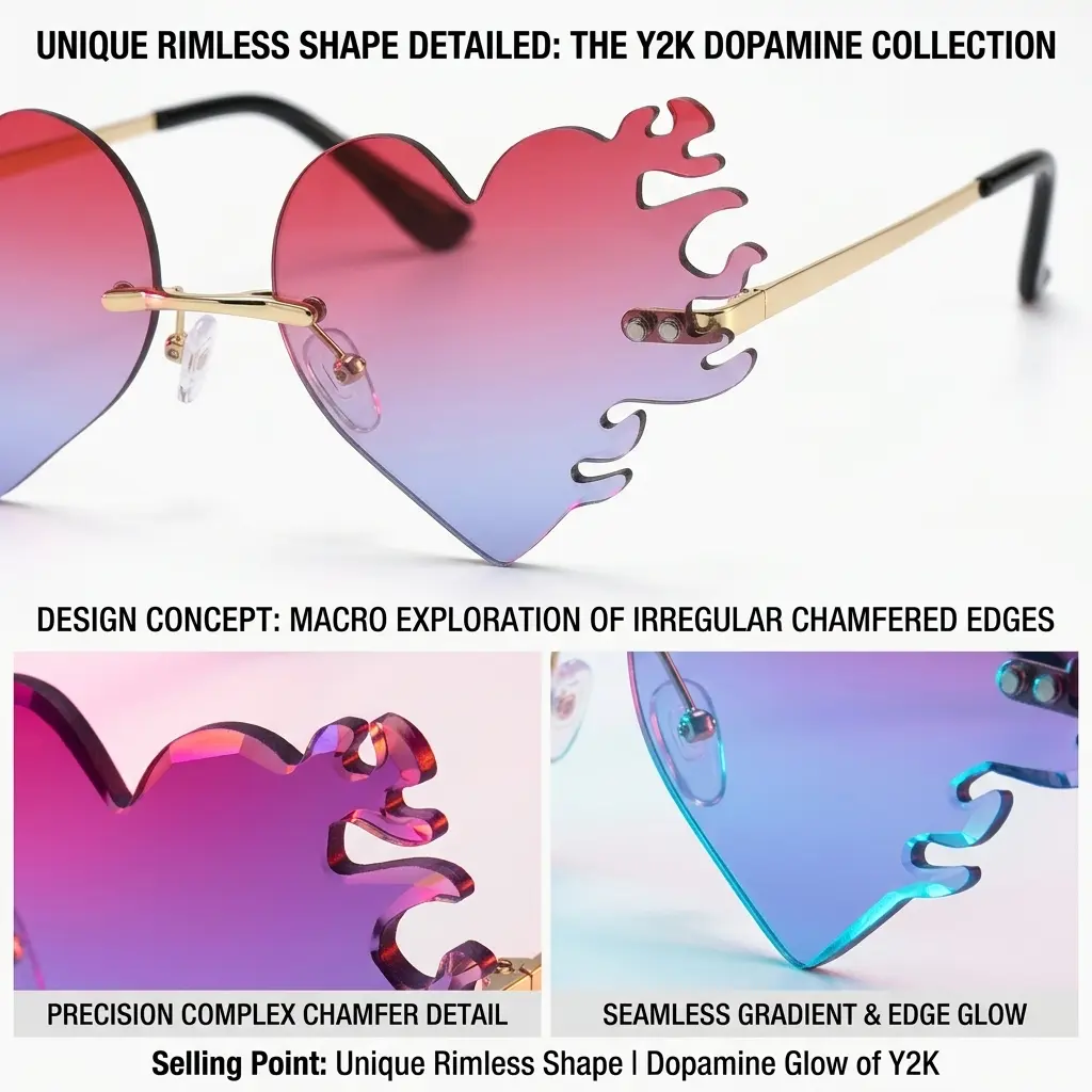 Women Men Heart Flame Rimless Sunglasses UV400 Stylish Party Accessory adults sunglass,Heart Shape Rimless Sunglasses Frameless  main image 2