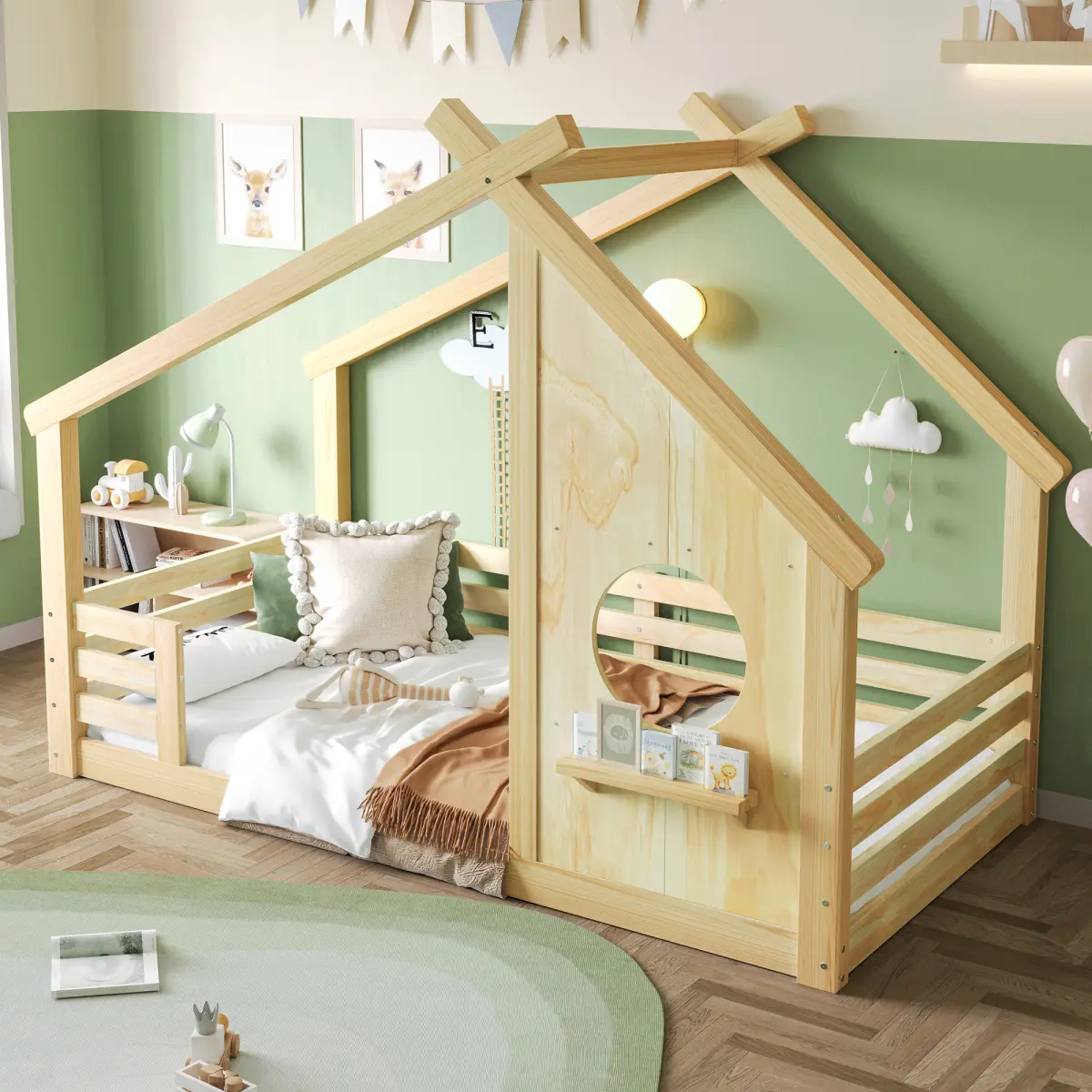Twin House Bed for Kids with Full-Length Guardrails & Slats, Wood Montessori Floor Bed Frame with Window & Shelf, Twin Size Floor Bed for Bedroom, No Box Spring Needed, Natural