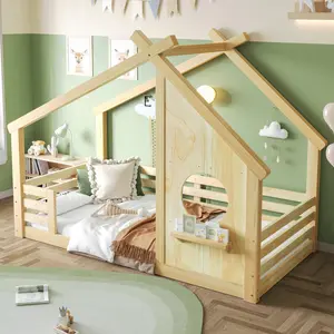 Twin House Bed for Kids with Full-Length Guardrails & Slats, Wood Montessori Floor Bed Frame with Window & Shelf, Twin Size Floor Bed for Bedroom, No Box Spring Needed, Natural