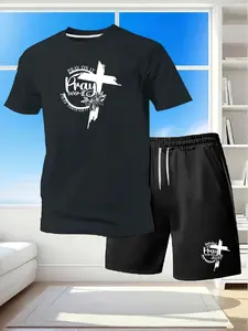 Men's Retro Cross Pray Print T-shirt & Shorts, Casual Summer Sportswear