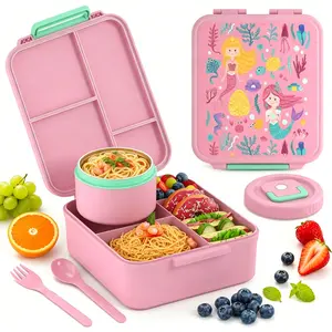 Kids Bento Lunch Box Stackable Compact Four Grid Lunch Tray, Secure Leakproof Seals Avoid Liquid Spillage During Play & Travel