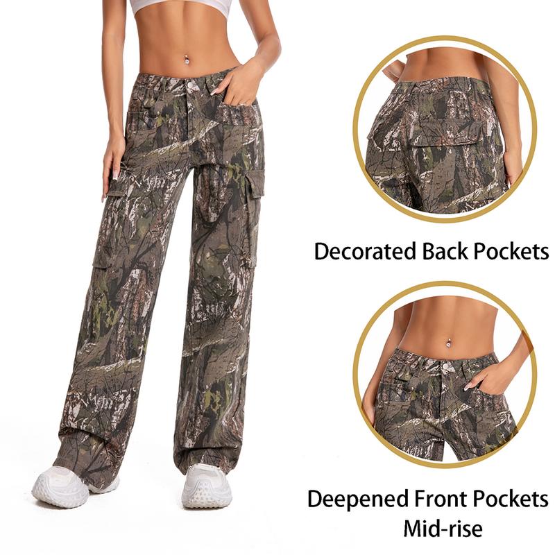 Camo Cargo Pants Tall Girl Friendly for Women with Multi-Pockets and Mid Waist Wide Leg Baggy Y2K Trousers
