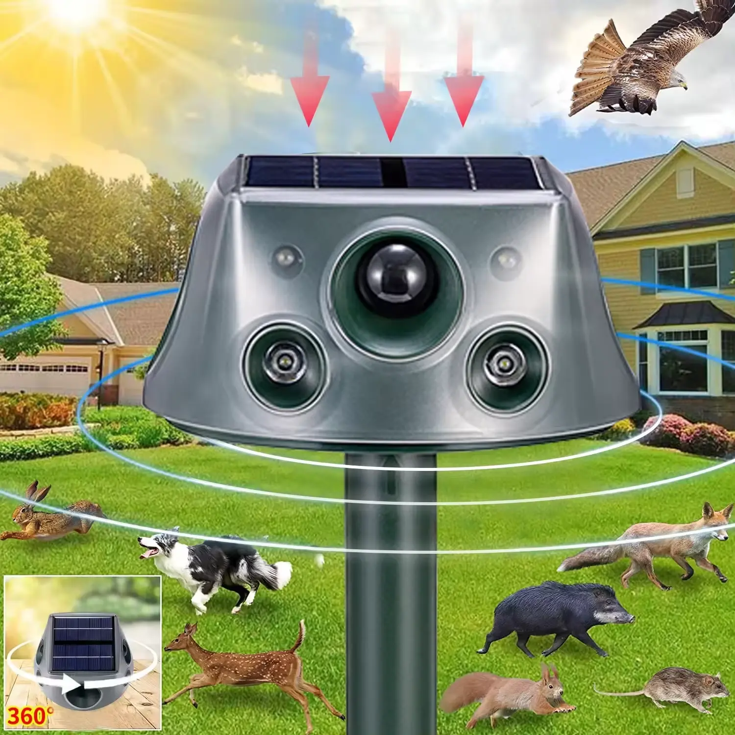 2025 Model Solar Animal Repellent Outdoor, 360° Ultrasonic, Flashing Light, IP66 Waterproof for Cats, Squirrels