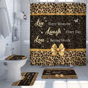 Vintage Leopard Inspirational Quote Bow Modern Art Design Shower Curtain Set, Bathroom Decoration Accessories, Non-Slip Mat, U-Shaped Rug, Toilet Seat Cover, Includes 12 Hooks