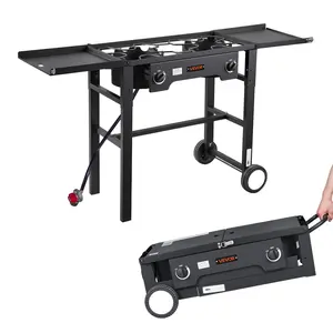 VEVOR 2 Burner Outdoor Propane Gas Stove, 150,000 BTU Propane LPG Gas Camping Stove, Foldable Heavy-duty Carbon Steel Outdoor Cooker, with Wheels & Shield & 20 PSI Regulator, for BBQ Camp Home Patio
