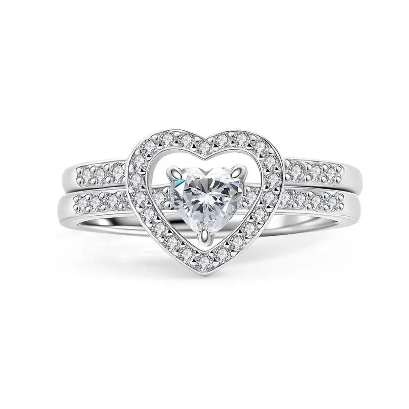 Rexviao Stackable Rings for Women, 2-Piece Heart-Shaped 5A Cubic Zirconia Ring Set with Comfort Fit, Wedding Anniversary Jewelry Gift, Two-Piece Set