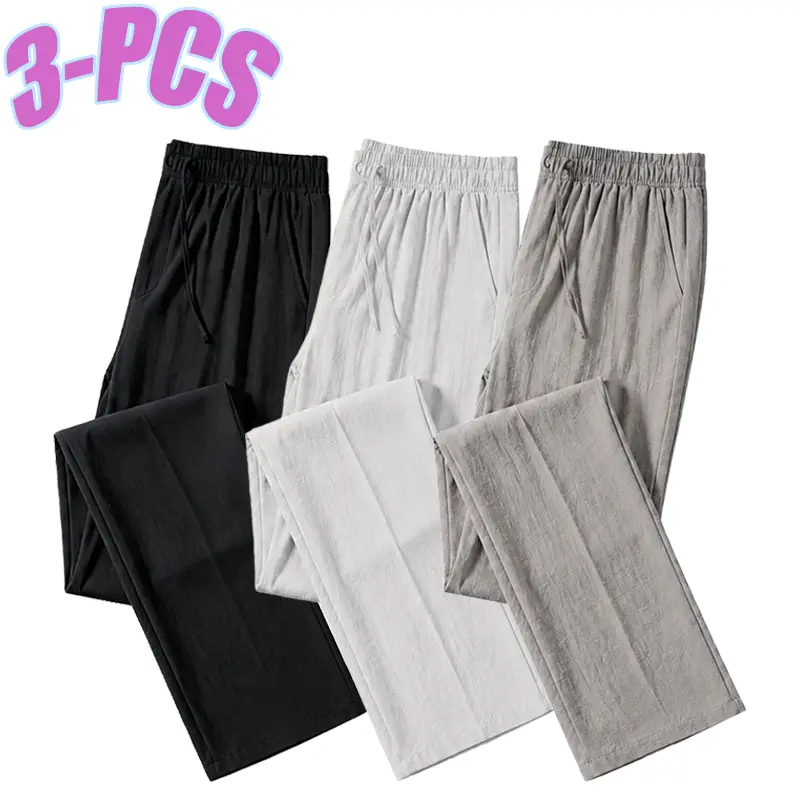 3-pack women’s casual athletic linen wide-leg pants with an elastic waistband and drawstring; lightweight, breathable, loose long pants suitable for indoor and outdoor use, including yoga and beach volleyball.