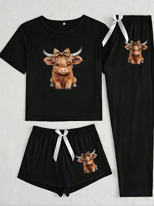Cartoon Highland Cow Print Women's Pajama Sets, Casual All Seasons Nightwear, Fitted Knitted Fabric Sleepwear