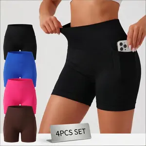 4 PCS Women's Workout Shorts with Phone Pockets High Waist Tummy Control Yoga Bottoms