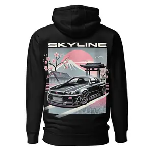1990s JDM Car Art Graphic Sweatshirt hoodie R34 GT-R Skyline Japanese Tuner Culture GTR Pullover Sweatshirt, Crew Neck