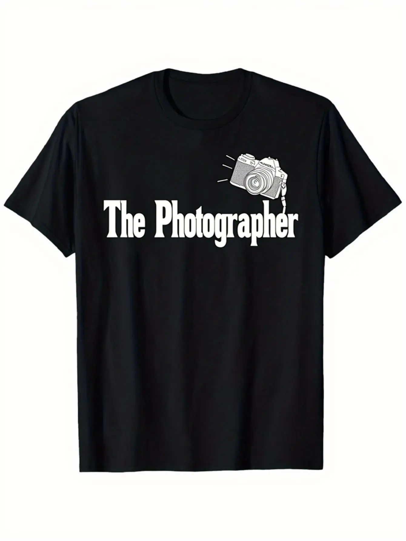 Men's & Women's Photographer T-Shirt -  Cotton Soft Crewneck Tee with Icon & "The Photographer" White Lettering Casual Short Sleeve Black Shirt for Photographers All-Season Wear Enthusiast Gift