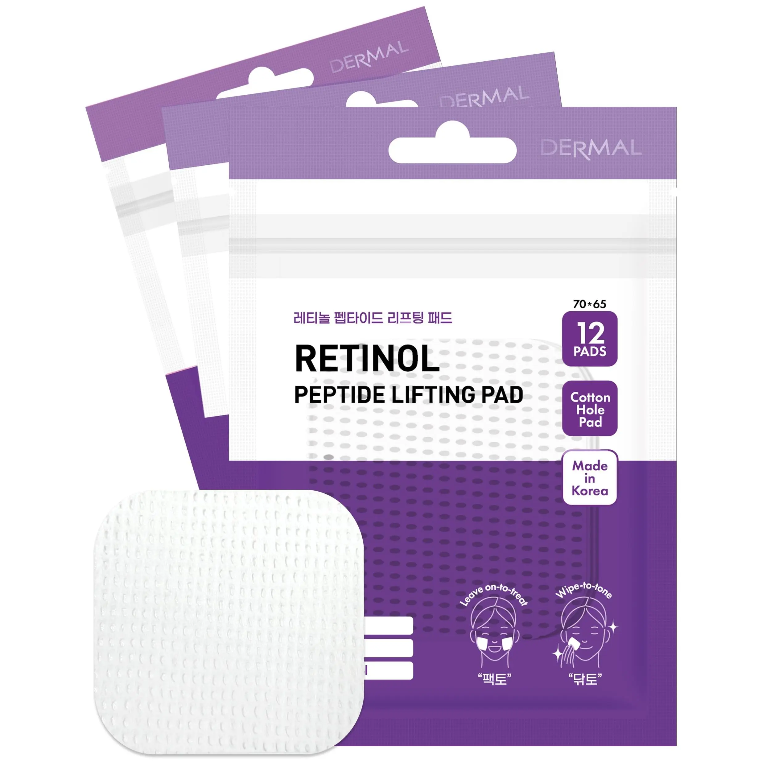 DERMAL Retinol Peptide Lifting Pad - Korean Toner Pad for Anti-Aging & Wrinkles with Bakuchiol - Vegan Pure Cotton Square Pads - Travel Kit 12 Pads, 3 Pack (Total 36 Pads)