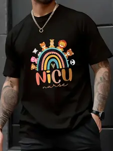 Unisex 100% Cotton Nicu Nurse Rainbow Animal Neonatal Nicu Nurse Appreciation T-Shirt, Spring/Autumn Christmas Snowflake Fun Pattern Men’s T-Shirt