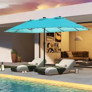 13/15FT Solar LED Patio Umbrella with Base & Crank, Outdoor Market Umbrella with Adjustable Lights, Water-Resistant Fabric for Garden, Deck, Backyard, Pool & Beach