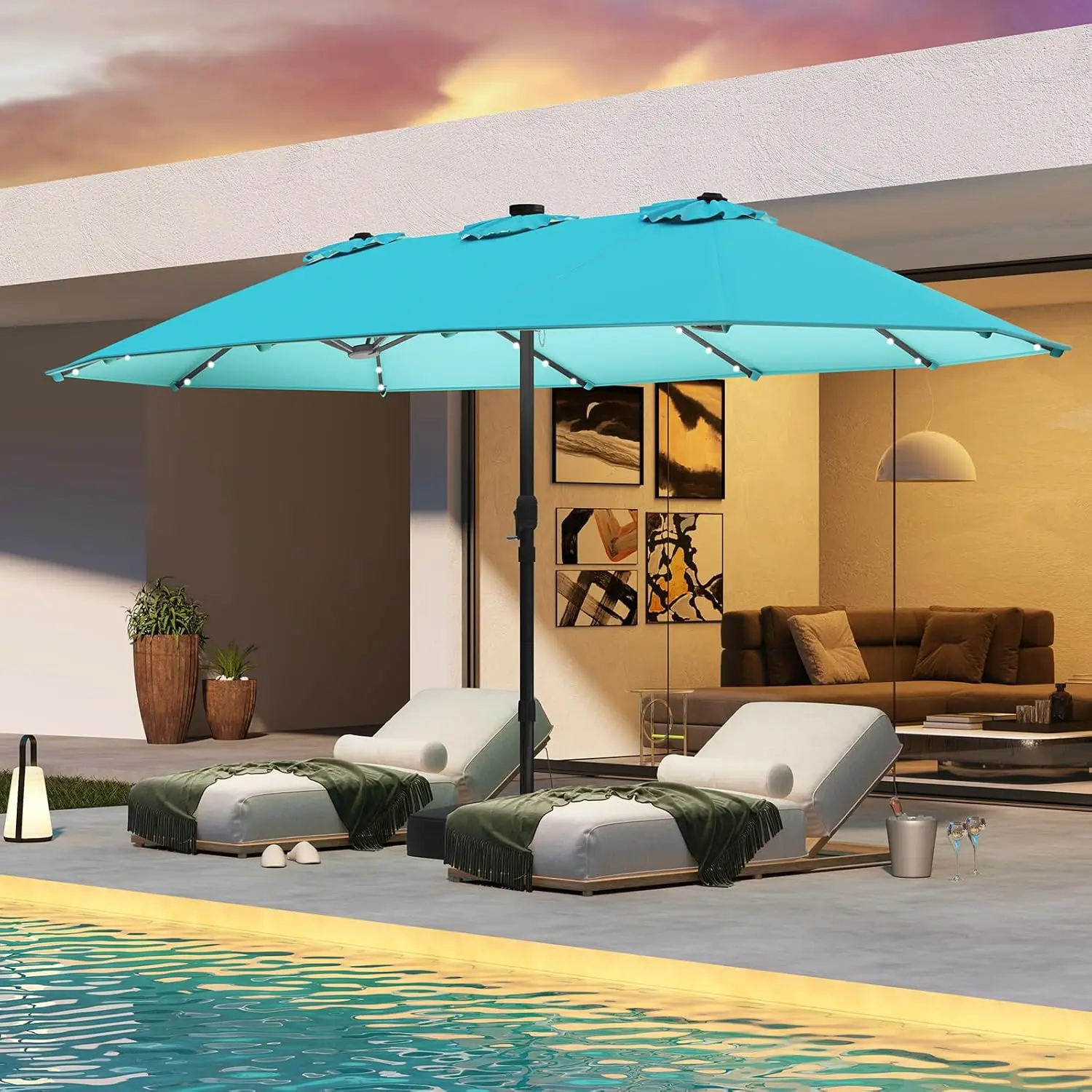 COSTWAY 15/13ft Large Patio Umbrella with Solar LED Lights & Base, Extra Large Outdoor Twin Umbrella w/ 36 Lights, for Patio Garden Pool Lawn Backyard