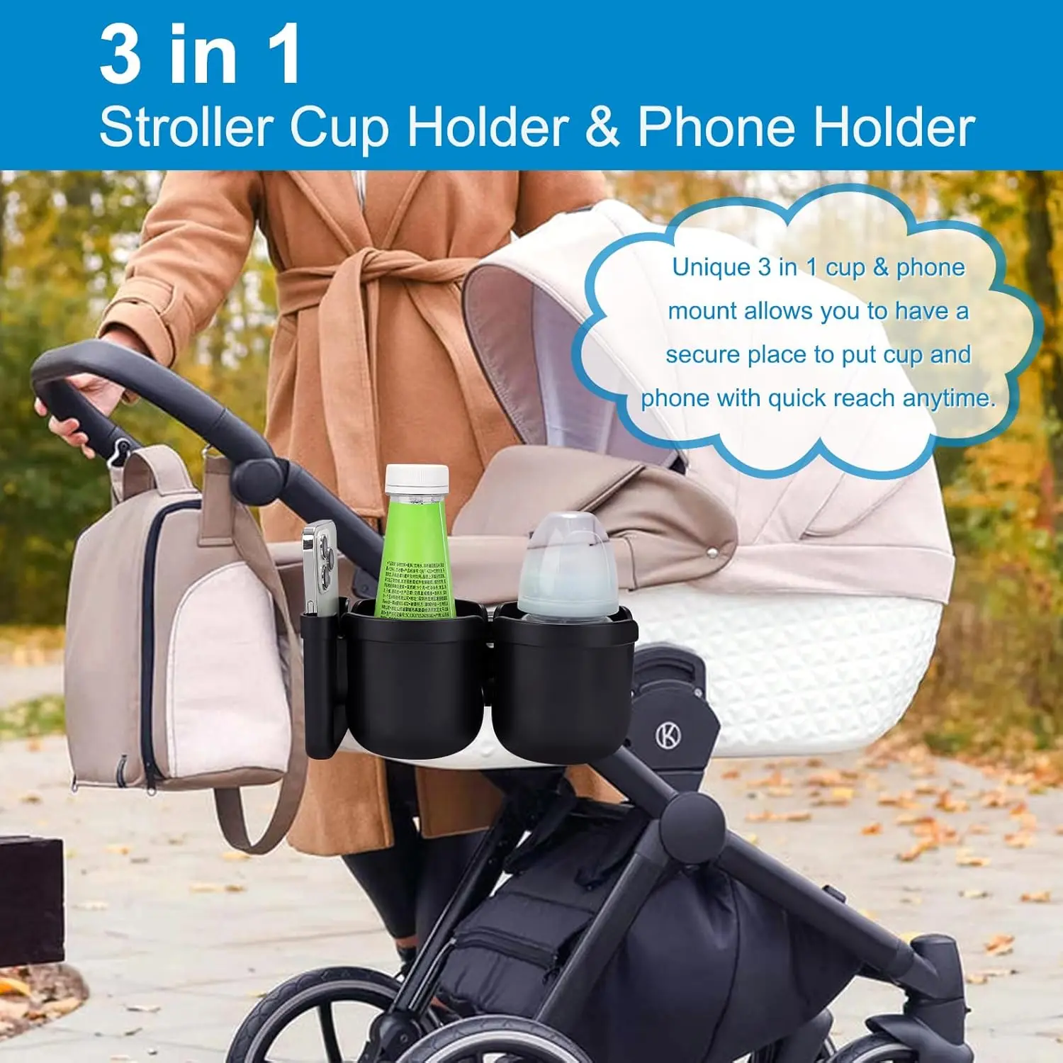 Stroller Cup Holder with Phone Holder, Bike Cup Holder, Universal Cup Holder for Uppababy Nuna Doona Strollers, 2-in-1 Cup Phone Holder for Stroller Bike Wheelchair Walker Accessory Stroller Cup Holder with Phone Holder, Bike Cup Holder, Universal Cup Holder for Uppababy Nuna Doona Strollers, 2-in-1 Cup Phone Holder for Stroller Bike Wheelchair Walker Accessory