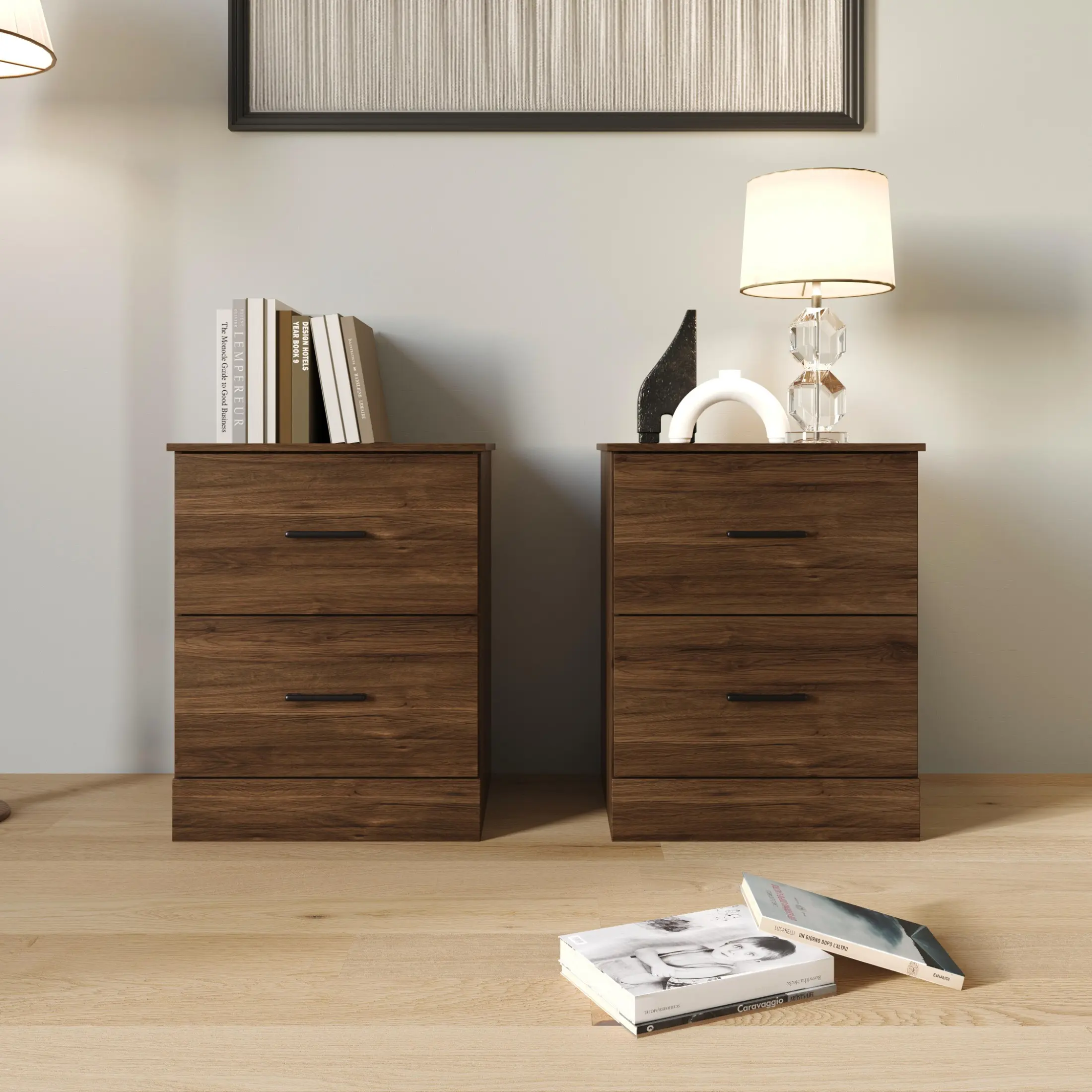 Favorer Meriden Compact Nightstands (Set of 2) - Wood-Look Finish, 2 Storage Drawers, Space-Saving Indoor Furniture Side Tables, Compact Nightstand