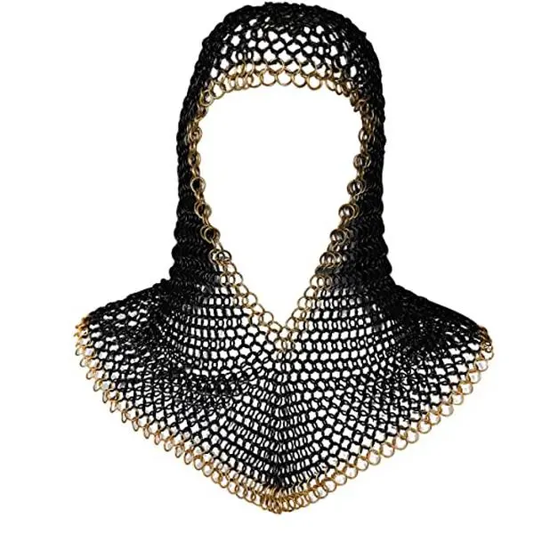 Mythrojan Chainmail Coif, Medieval Knight 4-in-1 Pattern Armor, 16 Gauge Black Steel & Brass with Butted Links for Men's LARP Costume, Large, Fancy, Menswear, Classic, Interlinked, Cosplay Gear