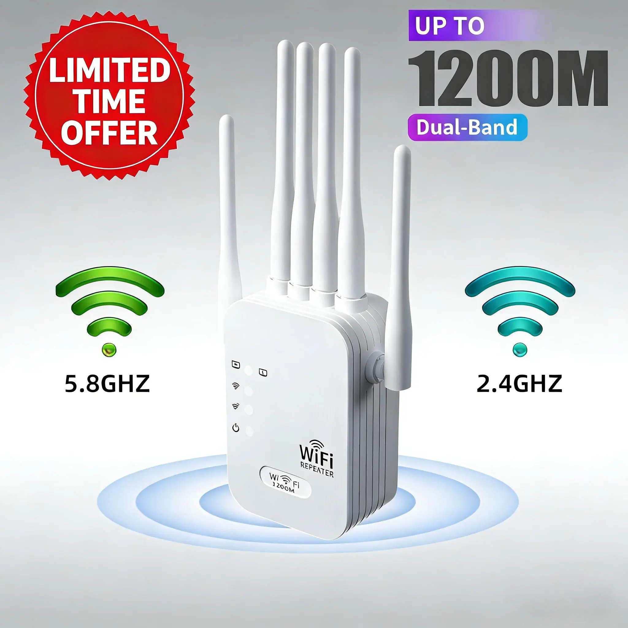 1200M Dual Band High Power WiFi Extender - Wall-Mount WiFi Repeater with Strong Wall Penetration, Wide Coverage, Compatible with All Routers for House, Garage