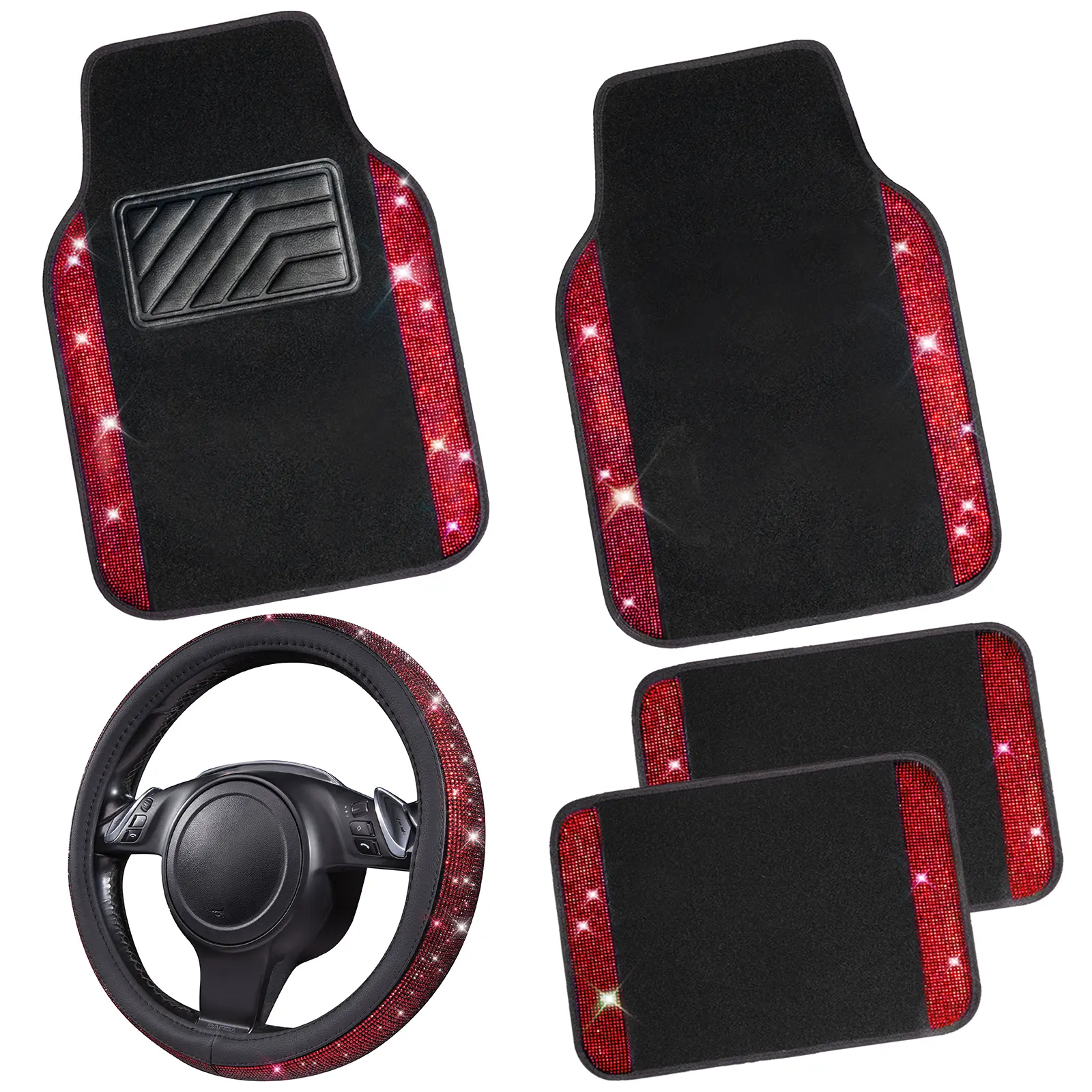 Red Car Floor Mats + Steering Wheel Cover