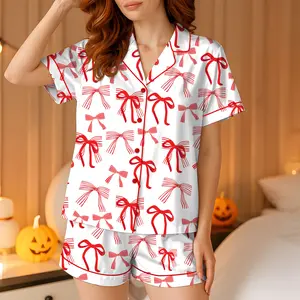 Red Bow Christmas Pajama Set for Women,Red Bow Christmas Satin Pajama , Cute Holiday Loungewear Long Sleeve Button-Up Top and Pants for Festive Morning Outfit